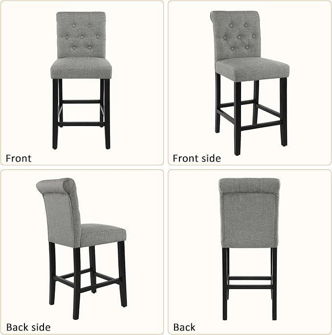 GOTMINSI 24inch Counter Height Bar Stool, Set of 4 Counter Height Chairs for Kitchen Island Upholstered Back Bar Chairs Fabric Barstool with Button Tufted Decoration Leisure Style (Grey)