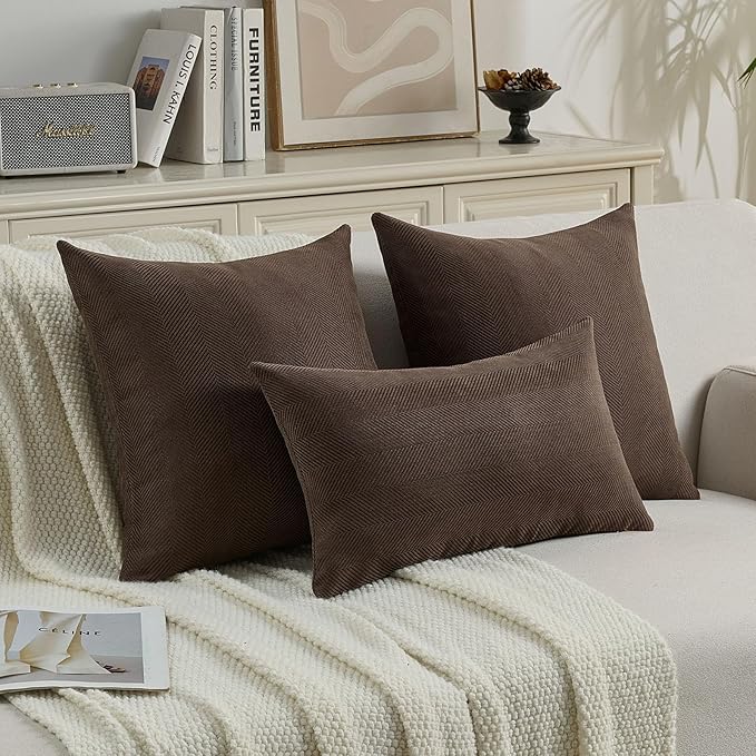 FUTEI Dark Coffee Chenille Throw Pillow Covers 26x26 Inch Set of 2,Soft Wide Chevron Textured Euro Pillow Shams,Farmhouse Home Decor for Couch Bed Living Room