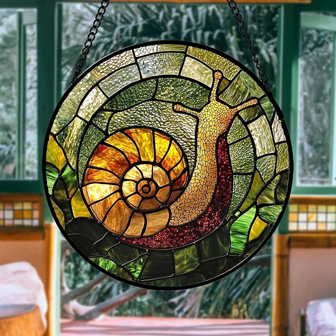 Stained Glass Window Hanging, Green Orange Snail Sun Catcher for Door Home Decor Suncatcher Christmas Mother's Day Birthday Gifts for Women Men Mom and Nana 9.8 in