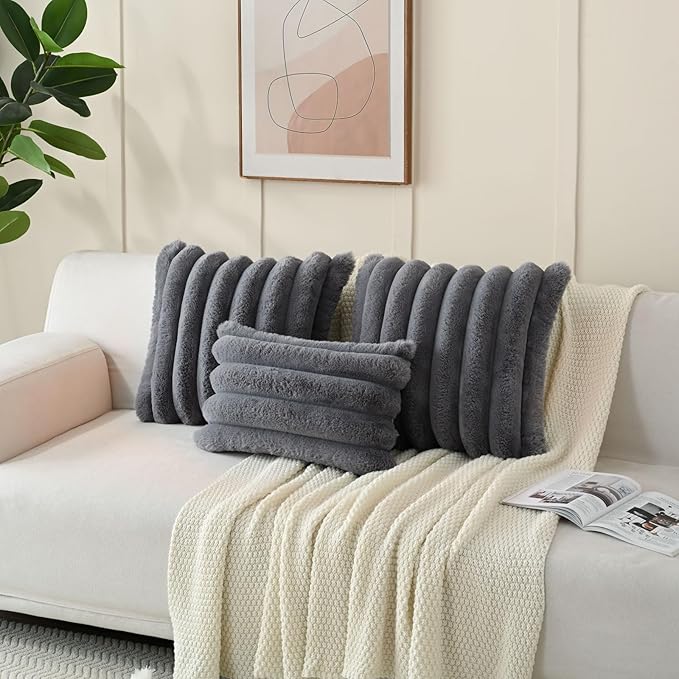 FUTEI Grey Decorative Throw Pillow Covers 26x26 Inch Set of 2, Square Soft Faux Rabbit Fur Thick Striped Euro Pillow Shams,Winter Home Decor for Couch Bed Living Room