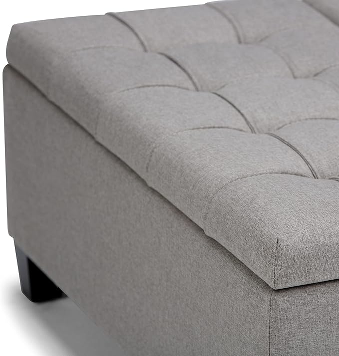SIMPLIHOME Harrison 36 inch Wide Transitional Square Coffee Table Storage Ottoman in Dove Grey Linen Look Fabric, Assembled, for the Living Room and Bedroom