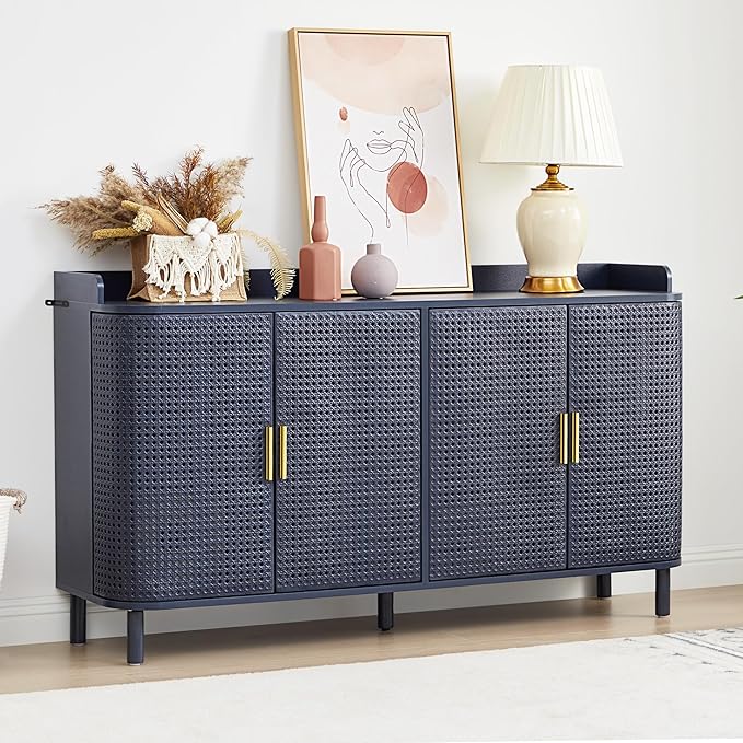 ORRD 4 Doors Storage Cabinet, 2 Tier Wooden Storage Organizer Cabinet with Adjustable Shelf, Sideboard Buffet Cabinets with Iron Curved Doors Accent Shoe Rack for Entryway Hallway Living Room (Blue)