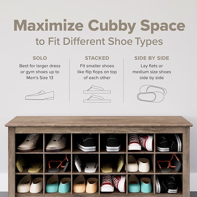 Prepac White Shoe Cabinet, Entryway Bench, Mud Room Organization and Storage Bench with 18 Shoe Cubbies 16"D x 48"W x 24"H