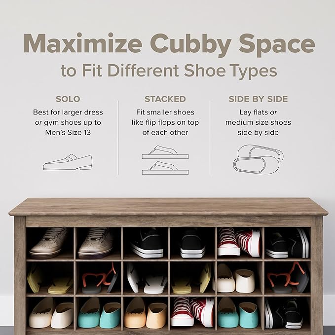 Prepac Gray Hall Tree, Shoe Cabinet, Storage Cabinet with 24 Shoe Cubbies and 6 Double Coat Hooks 15.5" D x 60" W x 77" H