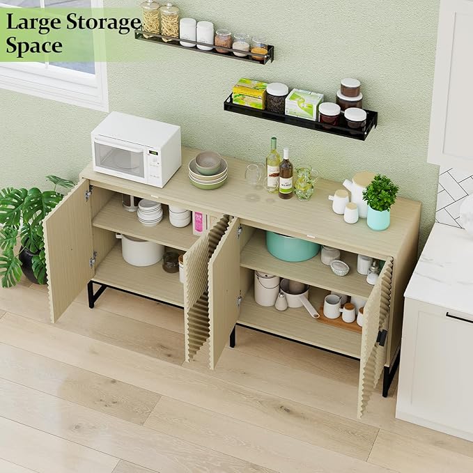 Sideboard Buffet Cabinet with Storage - Accent Storage Cabinet with Doors, Wood 4 Doors Cabinet with Metal Legs, 60" Buffets & Sideboards, Modern Credenza for Living Room (Natural)