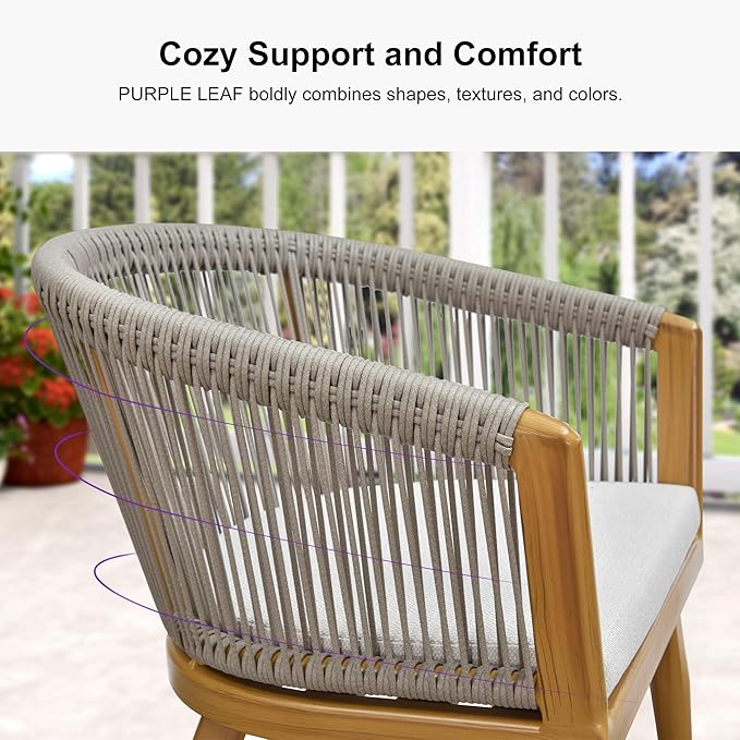 PURPLE LEAF Outdoor Dining Set for 8 All-Weather Aluminum 9 Piece Furniture Sets with Woodgrain Large Square Table and Rope Weave Chairs Included Cushions for Backyard Indoor Patio Set Teak Color