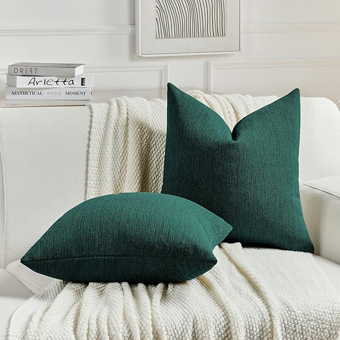 FUTEI Teal Chenille Decorative Throw Pillow Covers 16x16 Inch Set of 2,Soft Cozy Faux Linen Textured Cushion Case,Farmhouse Home Decor for Couch Living Room