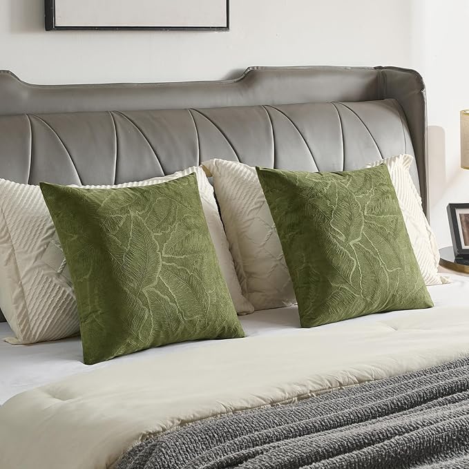 FUTEI Moss Green Velvet Throw Pillow Covers 12x20 Inch Set of 2,Soft Embossed Leaf-Relief Textured Lumbar Pillow Cases,Natural Home Decor for Couch Living Room