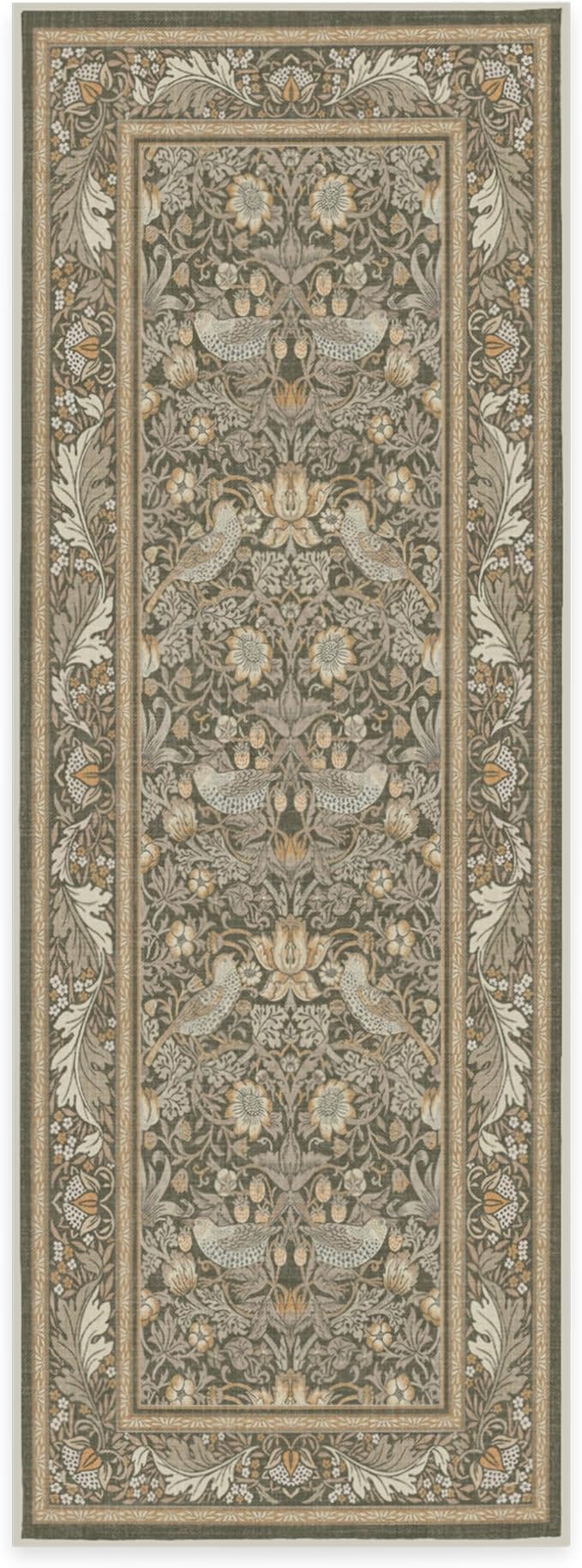 RUGGABLE x Morris & Co Machine Washable Runner Rug – Strawberry Thief Stone Gold 2.5x7, Stain-Resistant, Non-Slip – Washable Rug for Hallway, Entryway, Living Room & Kitchen–with Cushioned Pad