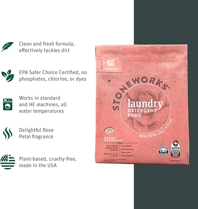 Grab Green Stoneworks Laundry Detergent Pods Sample Kit, 10 Count, Birch Branch, Fragrance Free Rain, Oak Tree, Olive Leaf, Rose Petal Scents, Plant a Tree