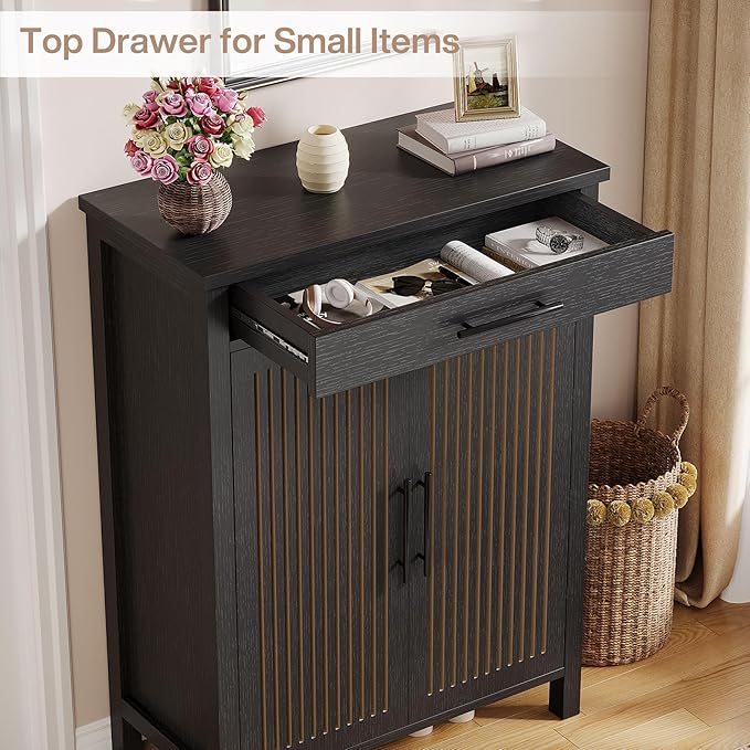 Tribesigns Shoe Cabinet, 5-Tier Shoe Storage Cabinet with Louvered Doors and Drawer, Freestanding Wooden Shoe Rack Organizer with Adjustable Shelves for Entryway, Hallway, Closet, Black