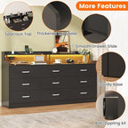 Bigbiglife 9 Drawer Dresser with Built in Power Outlet and LED Light, Modern Chest of Drawers for Bedroom, Triple Wide Drawer Organizer Cabinet for Living Room, Entryway, Hallway, Black