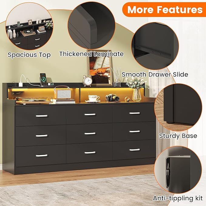Bigbiglife 9 Drawer Dresser with Built in Power Outlet and LED Light, Modern Chest of Drawers for Bedroom, Triple Wide Drawer Organizer Cabinet for Living Room, Entryway, Hallway, Black