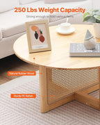 VEVOR Rattan Coffee Table, Round Woven With Rubber Wood Top, 33 in Modern Boho Circular Storage Table With Natural Legs, for Living Room, Bedroom & Small Spaces