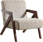 Bonzy Home Mid-Century Modern Accent Chair with Wood Frame, Upholstered Armchair for Bedroom & Living Room, Linen Fabric Cushion, Z-Shaped Armrest Design, Sturdy Lounge Chair,Brown