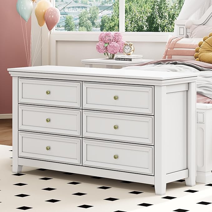 White Dresser for Bedroom 6 Drawers Dresser - 47.2" Wide 6 Chest of Drawers Storage Double Cabinet as Bedfoot Organizer & Wardrobe Cabinet