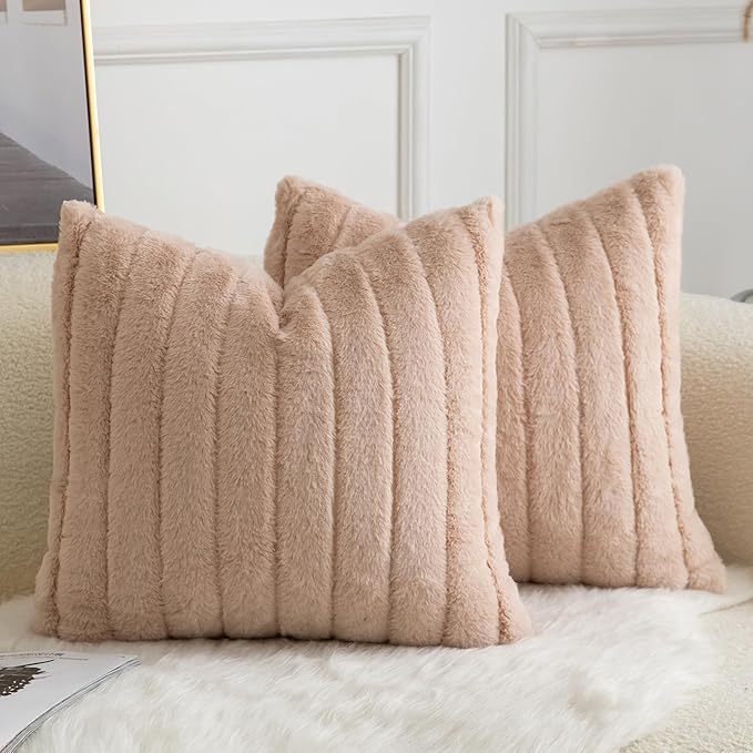 Pack of 2 Faux Fur Throw Pillow Covers 18x18 Inch Striped Decorative Soft Plush Couch Pillow Case Home Decor for Bed, Sofa, Living Room Beige