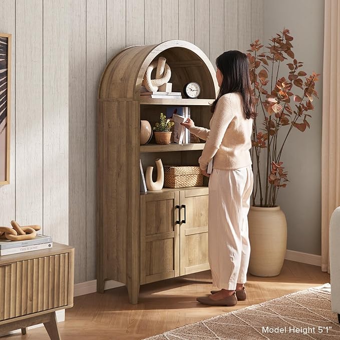 mopio Lauren 65.4" Short Arched Cabinet, 5-Tier Arched Bookcase with Doors and Shelves, Mini Arch Bookshelf with Storage, Wooden Storage Cabinet for Living Room and Kitchen Pantry (Black Accent)