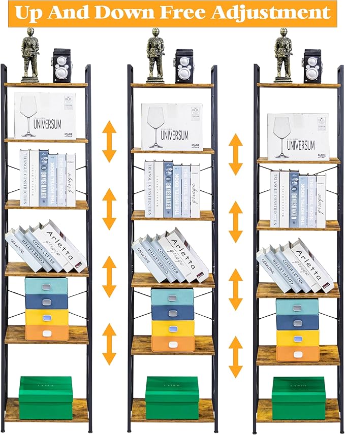 HCHQHS Narrow Bookshelf, Adjustable 6-Tier Industrial Bookcase, Rustic Open Book Shelf, Freestanding Tall Bookshelves with Metal Frame