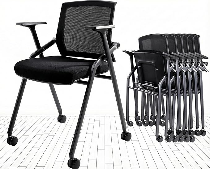 10 Pack Stackable Conference Room Chairs with Paddle Folding Office Chair Foldable Desk Chair Mesh Back and Arms for Conference Meeting Guest Reception Home Office Training Room Chair Black