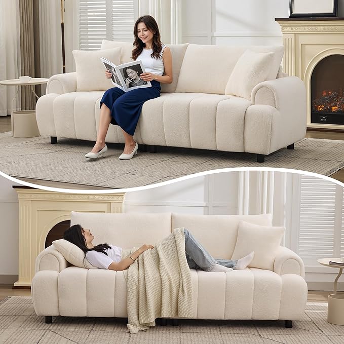 88 "Modern Boucle Sofa Couch, Oversized Comfy 3 Seater Sherpa Curved Sofas Deep Seat, Upholstered Loveseat Teddy Round Arm Couches for Living Room, Bedroom, Beige