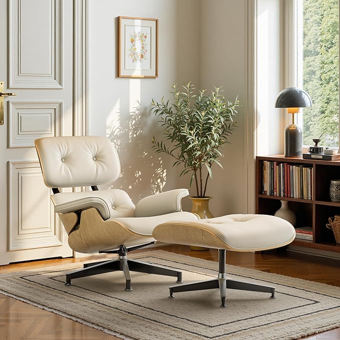 Top Cream White Grain Leather, Mid Century Chaise Lounge Chair and Ottoman, Modern Chair Classic Design, Ash Wood, Heavy Duty Base Support for Living Room Office