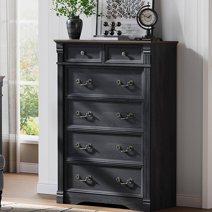 Yaamizz Farmhouse Dresser for Bedroom, 47" Tall 6 Drawer Dresser Storage with Wood Pilasters and Metal Handles, Vintage Design, Drawer Organizer for Bedroom, Hallway, Black