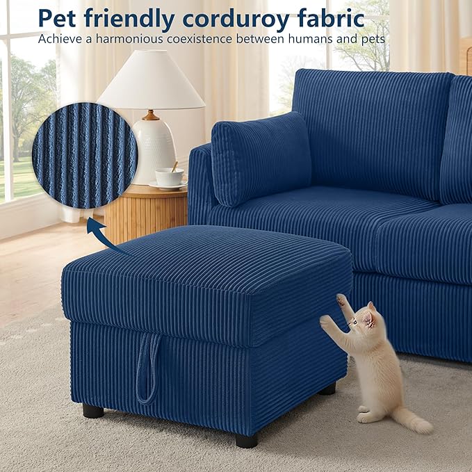79" Small Couches with Storage Ottoman 3 Seat L Shaped Couch Sectional Sofa with Chaise Lounge for Apartment,Dorm,Bonus Room,Compact Spaces. (Blue, 3+OTT)