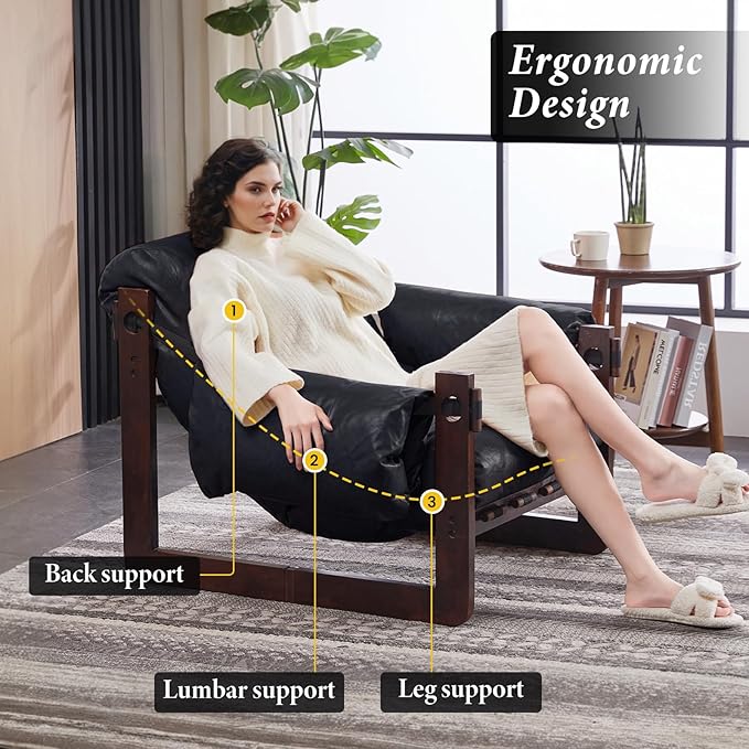 Furnilivng Modern Lounge Accent Chair, Comfortable Oil Waxed Leather Arm Chair with Sturdy Wood Frame, Upholstered Cozy Sofa Chair for Living Room, Bedroom, Dressing Room, Home Office, Black