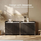 BELLEZE Set of 4 Modular Sideboard Buffet Cabinet with Storage,140 Inch Modern Credenza with Adjustable Shelves, Fluted Black Console Table with Faux Marble Panel for Kitchen, Entryway, Dining Room