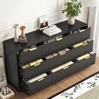 3-Piece Modern Bedroom Furniture Set, Wide 9-Drawer Dresser & 1-Drawer Nightstands Set of 2, Natural Wood Dresser and Nightstand Sets for Bedroom, Hallway, Black