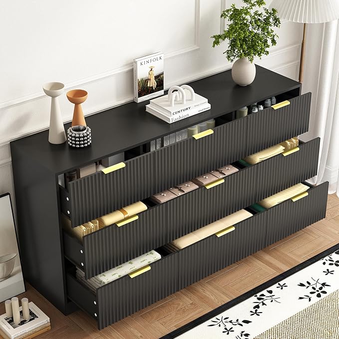 3-Piece Modern Bedroom Furniture Set, Wide 9-Drawer Dresser & 1-Drawer Nightstands Set of 2, Natural Wood Dresser and Nightstand Sets for Bedroom, Hallway, Black