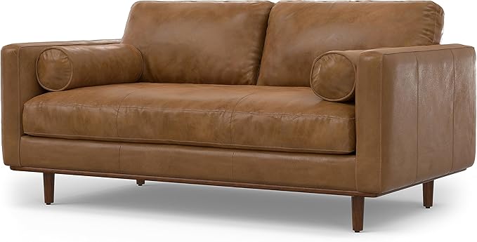 SIMPLIHOME Morrison 72-inch Wide Sofa in Caramel Brown Top Grain Genuine Leather, Mid-Century Modern-Style Loveseat for Living Room, Single Bench Cushion, Removable Back Cushions, 2 Bolster Pillows
