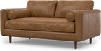SIMPLIHOME Morrison 72-inch Wide Sofa in Caramel Brown Top Grain Genuine Leather, Mid-Century Modern-Style Loveseat for Living Room, Single Bench Cushion, Removable Back Cushions, 2 Bolster Pillows