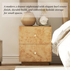 Modern 2 Drawer Nightstand with Elegant Burl Finish, Wood Bedside Table with Storage, Stylish Accent Side Table for Bedroom, Home Décor and Small Space Furniture