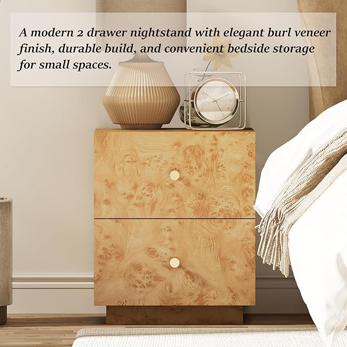 Modern 2 Drawer Nightstand with Elegant Burl Finish, Wood Bedside Table with Storage, Stylish Accent Side Table for Bedroom, Home Décor and Small Space Furniture