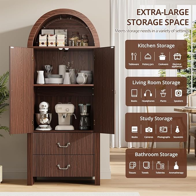 FURSUN 71" Tall Fluted Arched Bookshelf with Doors, Wood Pantry Storage Cabinet with 2 Large Drawers, Modern Versatile Bookcase for Living Room, Kitchen, Dining(Dark Walnut)