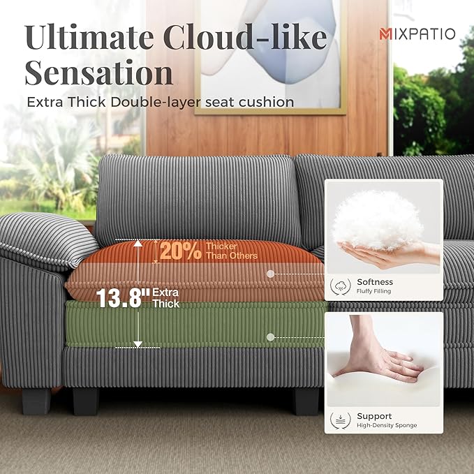 123-Inch L Shaped Sectional Sofa with Cloud Cushions, Deep Seat Modular Couch Set w/ 4 Seats & 1 Ottomans, Removable Arms, Plush Corduroy Upholstery for Living Room, Apartment - Gray