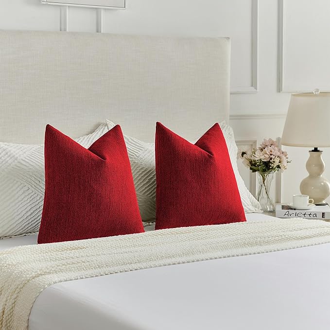 FUTEI Christmas Red Chenille Decorative Throw Pillow Covers 20x20 Inch Set of 2,Soft Cozy Faux Linen Textured Cushion Case,Farmhouse Home Decor for Couch Living Room