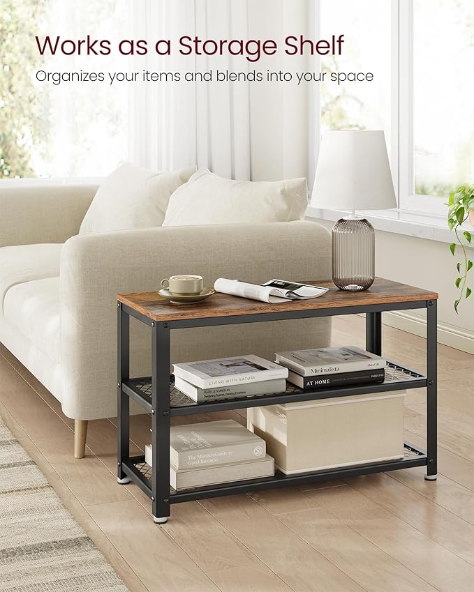 VASAGLE 3-Tier Shoe Rack, Shelf Storage Bench with Metal Mesh Shelves and Seat, Free Standing Shoe Organizer for Entryway, 11.8 x 28.7 x 17.7 Inches, Rustic Brown and Black ULBS73X