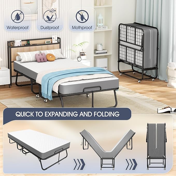 INTERGREAT Folding Bed, 75" x 31"Cot Size Portable Folding Beds for Adults, Metal Foldable Bed on Wheels for Guest, Space Saving Roll Away Beds for Easy Storage