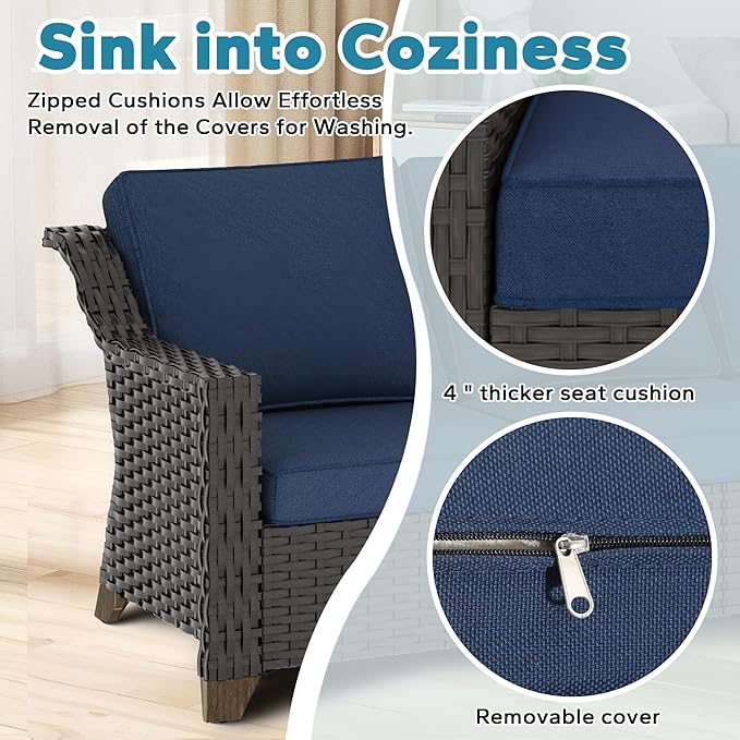 7 Pieces Outdoor Conversation Furniture Set - 77" Patio Sofa, 2 Armchairs, 2 Swivel Glider Chairs, 1 Side Table, 1 Metal Table, Wicker Couch with Washable Cushions for Porch (Navy Blue)