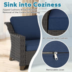 7 Pieces Outdoor Conversation Furniture Set - 77" Patio Sofa, 2 Armchairs, 2 Swivel Glider Chairs, 1 Side Table, 1 Metal Table, Wicker Couch with Washable Cushions for Porch (Navy Blue)