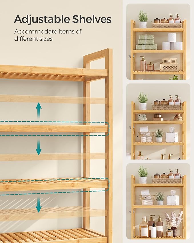 SONGMICS Over The Toilet Storage, 4-Tier Over Toilet Bathroom Organizer with Adjustable Shelves, 10.2 x 24.8 x 72.8 Inches, Space-Saving, Natural Beige UBTS041N01