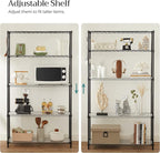 SONGMICS 5-Tier Storage Unit, Wire Shelving, Kitchen Metal Rack With Adjustable Shelves, Shelf Liners, 8 Hooks, for Garage, 11.8 x 35.4 x 63 Inches, Black ULGR095B01