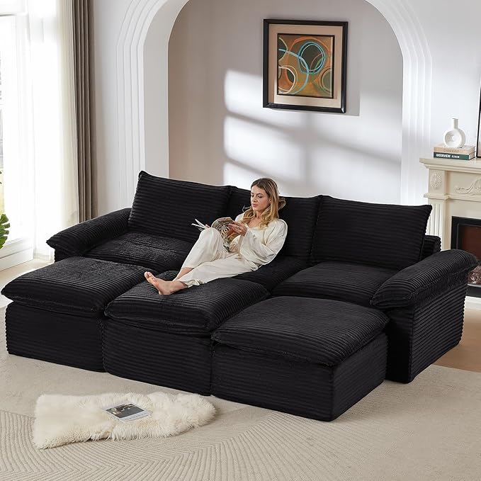 141.74" Sectional Couches for Living Room Modern Modular Sofa with U-Shape Couchs Upholstered Corduroy Boneless Couch Deep Seat Cloud Couch with Ottoman, No Assembly Required, Black
