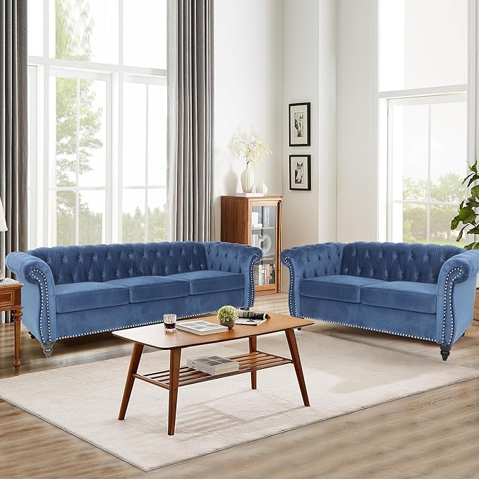 Living Room Velvet Sofa and Loveseat set, Mid Century Modern Upholstered Couch with Cushions, 2-Piece Home Sofa Furniture Sets, Comfy Tufted Chesterfield Couches for Living Room, Bedroom, Office