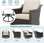 Patio Metal Swivel Chairs with Ottomans Set of 2, Conversation Furniture Set - 360 Degree Glider Rocker Chairs | 2 Wicker Ottomans, Washable Cushions (Beige and Brown Stripe)