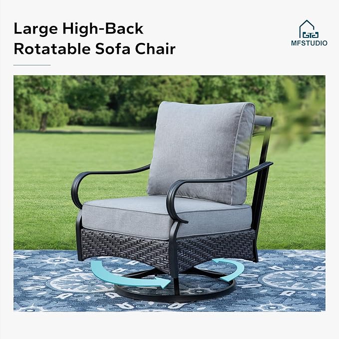 MFSTUDIO 5 PCS Outdoor Patio Furniture Set, Metal Outdoor Conversation Set, Rattan Wicker Patio Sectional Sofa Set with 2 x Swivel Single Sofa, 2-Seat and 3-Seat Sofa, 1 x Coffee Table, Grey