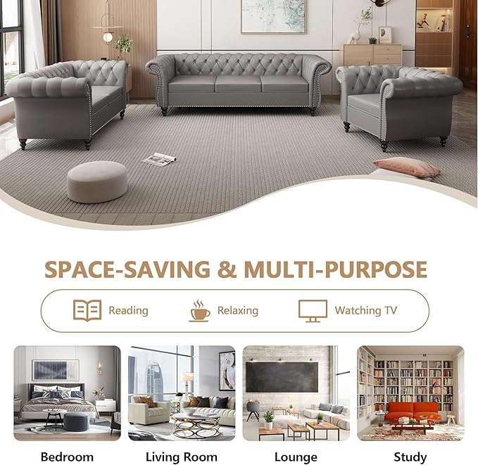 Home Sofa Living Room Furniture, 3 Seater Leather Upholstered Sofa Couch, Modern Comfy Couch with Faux Leather Cushions, Mid Century Tufted Chesterfield Sofas for Bedroom, Office, Apartment (Grey)